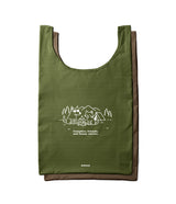 Day-Me Bag - Olive green tote with a white line-art graphic of a dog and cat camping with the text "Campfire, friends.