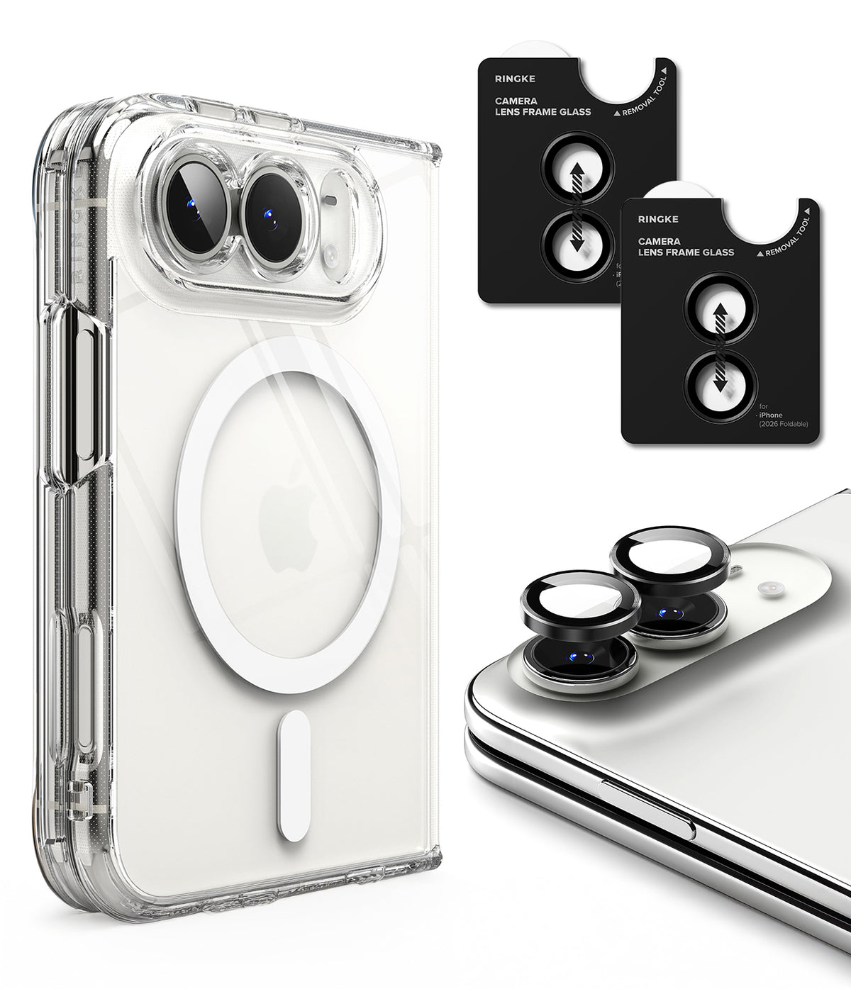 iPhone Duo | Fusion Magnetic + Hinge - Clear protective phone case with a raised camera cutout, shown alongside black camera lens frame glasses and a phone with the glasses applied, on a clean white background.