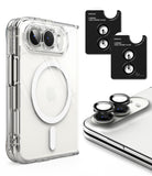 iPhone Duo | Fusion Magnetic + Hinge - Clear protective phone case with a raised camera cutout, shown alongside black camera lens frame glasses and a phone with the glasses applied, on a clean white background.