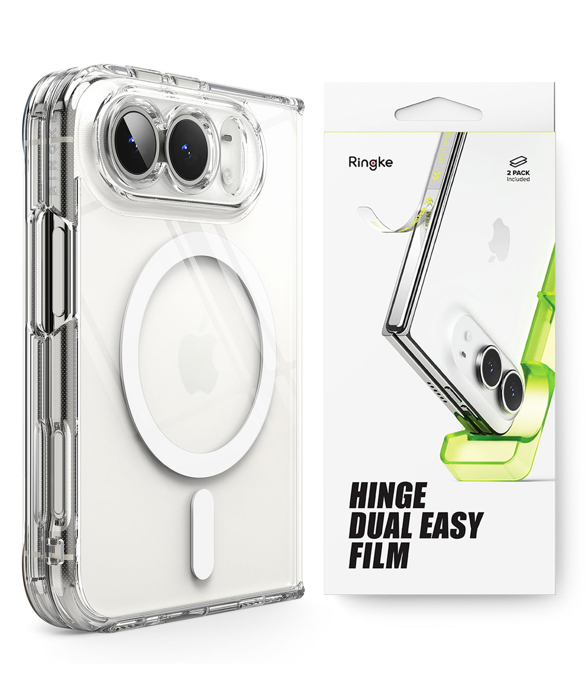 iPhone Duo | Fusion Magnetic + Hinge - A clear protective phone case with a dual camera cutout and MagSafe ring, shown next to its white retail packaging box by Ringke.