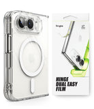 iPhone Duo | Fusion Magnetic + Hinge - A clear protective phone case with a dual camera cutout and MagSafe ring, shown next to its white retail packaging box by Ringke.