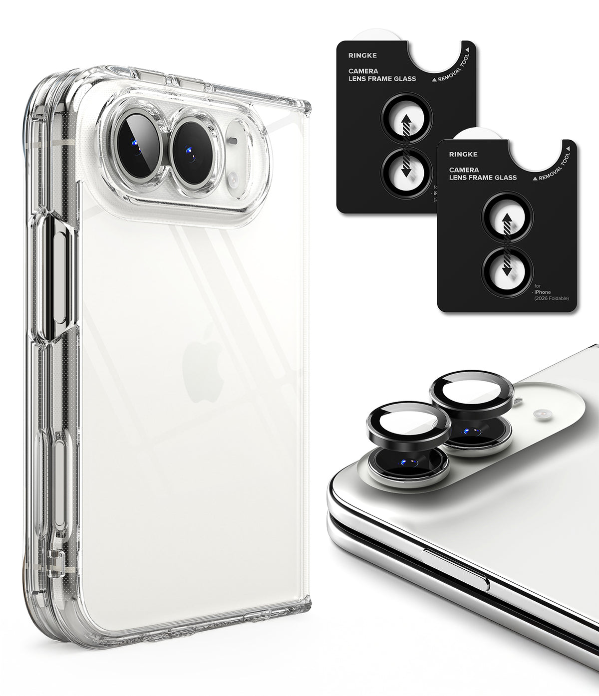 iPhone Duo | Fusion + Hinge - Clear protective phone case with a raised camera bezel shown on a smartphone, alongside two black lens glasses accessories and a close-up of the phone with the lens glasses attached.
