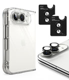 iPhone Duo | Fusion + Hinge - Clear protective phone case with a raised camera bezel shown on a smartphone, alongside two black lens glasses accessories and a close-up of the phone with the lens glasses attached.