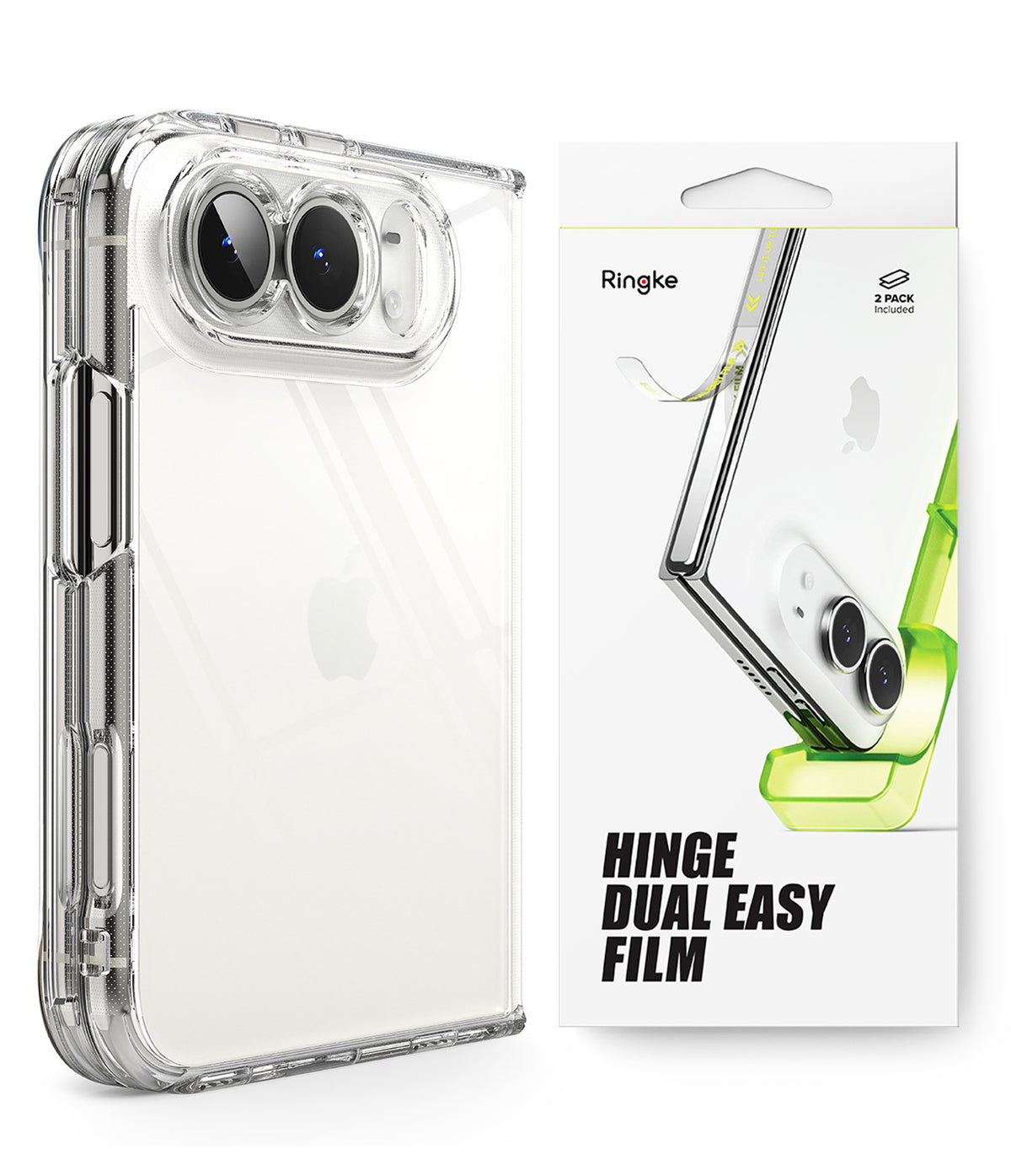 iPhone Duo | Fusion + Hinge - A clear protective phone case with reinforced corners and a dual camera cutout, shown next to its white packaging box labeled Ringke Hinge Dual Easy Film.