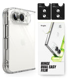 iPhone Duo | Fusion + Hinge - Clear protective phone case with a reinforced camera frame, shown alongside two black hinge film applicators and a white Ringke product box labeled 'Hinge Dual Easy Film'.