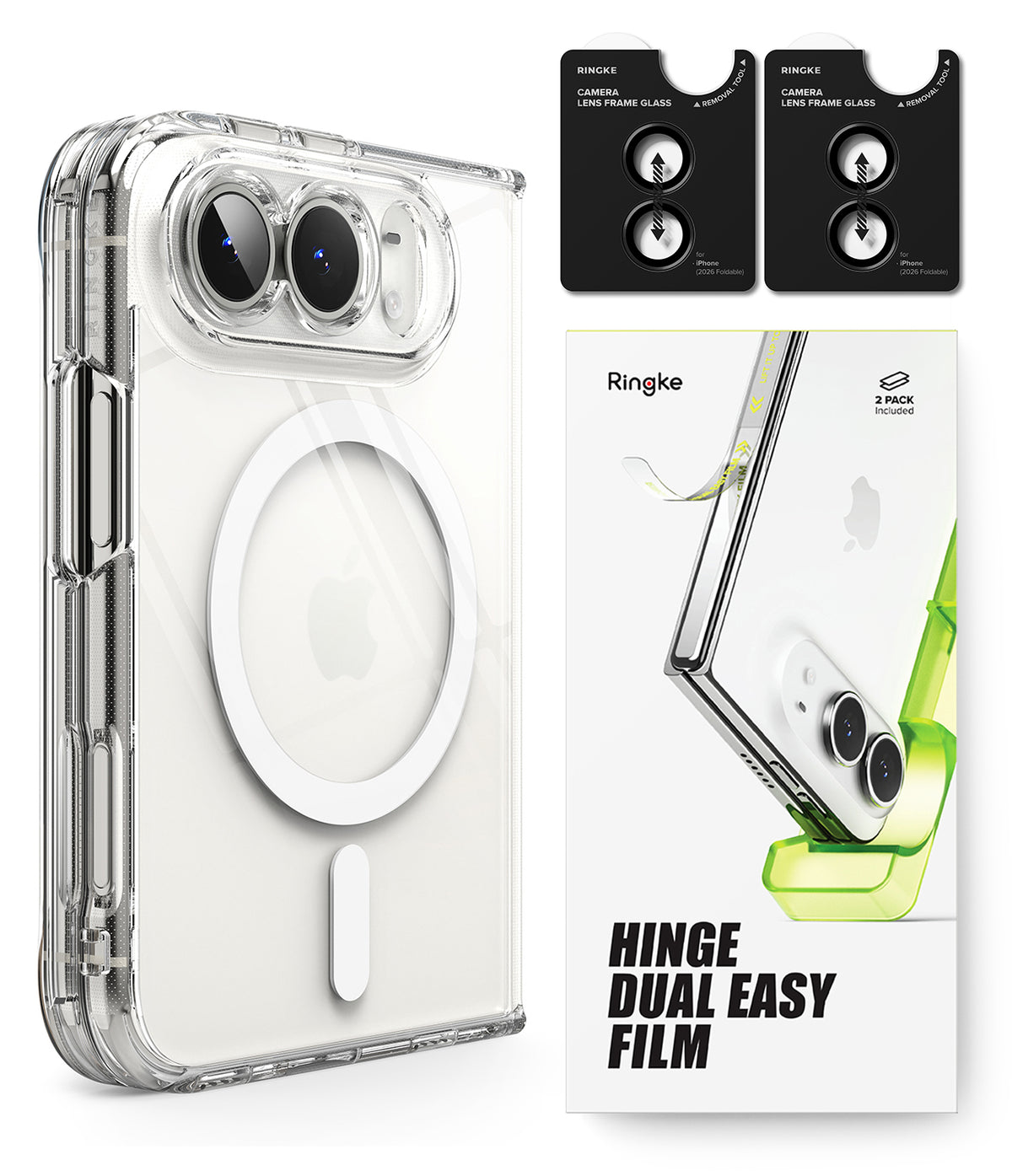iPhone Duo | Fusion Magnetic + Hinge - Clear protective phone case with a MagSafe-compatible ring and camera cutout, shown alongside two black BRINZACE camera lens film packs and a white product box labeled 'HINGE DUAL EASY FILM'.