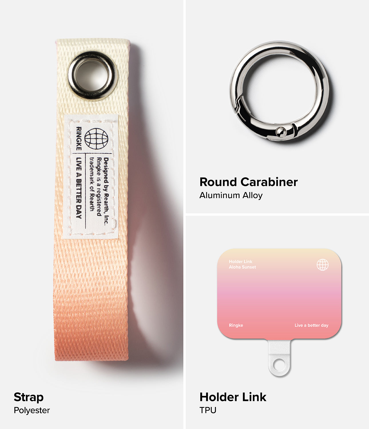 Holder Link Eyelet Keyring - Components including a pink-to-cream polyester strap, round metal carabiner, and TPU link.