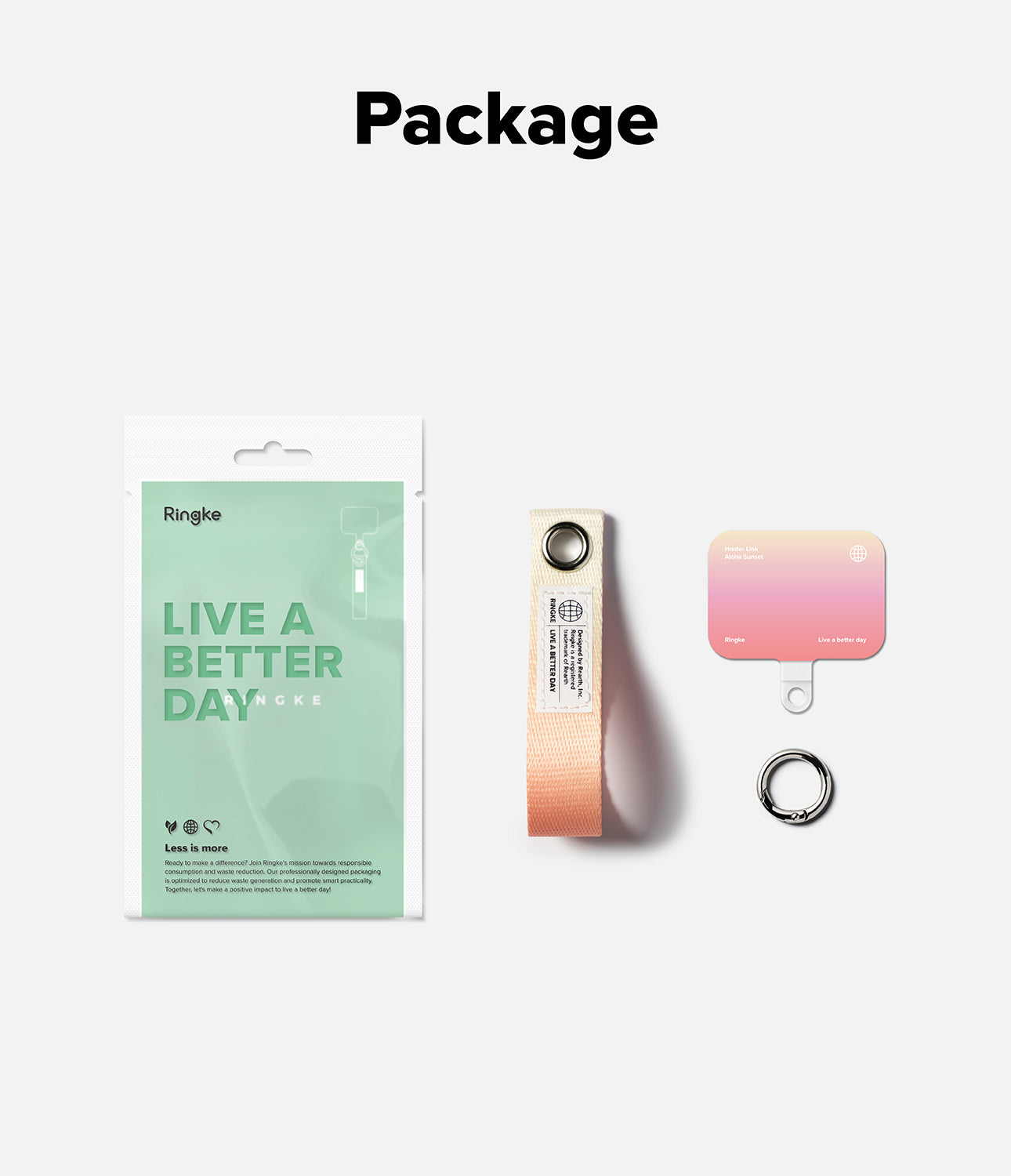 Holder Link Eyelet Keyring - Packaging, a peach fabric strap with a metal eyelet, a pink-to-orange gradient card, and a ring.