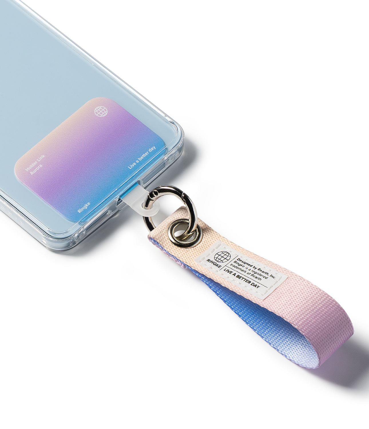 Holder Link Eyelet Keyring - A pastel gradient wrist strap attached to a smartphone case via a metal ring and clear tab.