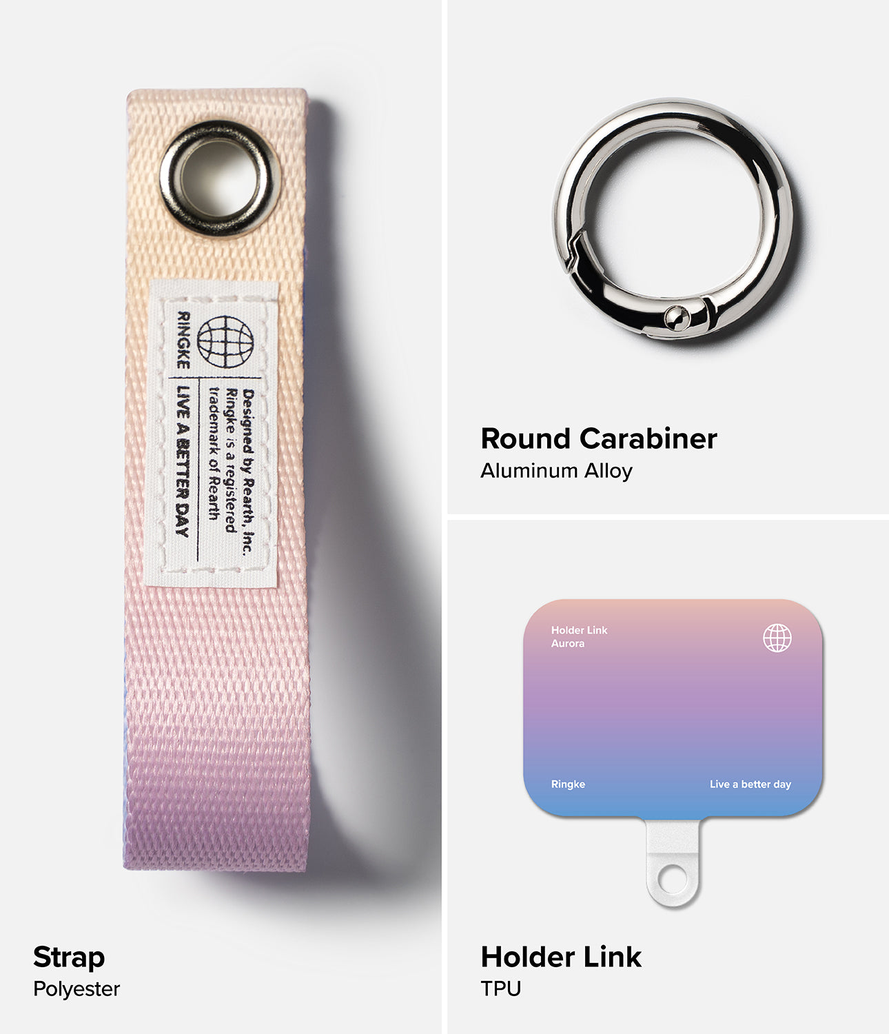 Holder Link Eyelet Keyring - A polyester strap, round aluminum carabiner, and TPU holder link with an aurora gradient.