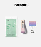 Holder Link Eyelet Keyring - Ringke packaging, a pastel gradient fabric strap, a purple-to-pink card holder, and a metal ring.