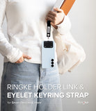 Holder Link Eyelet Keyring - A person holding a phone case attached to a black fabric wrist strap with a metal eyelet.