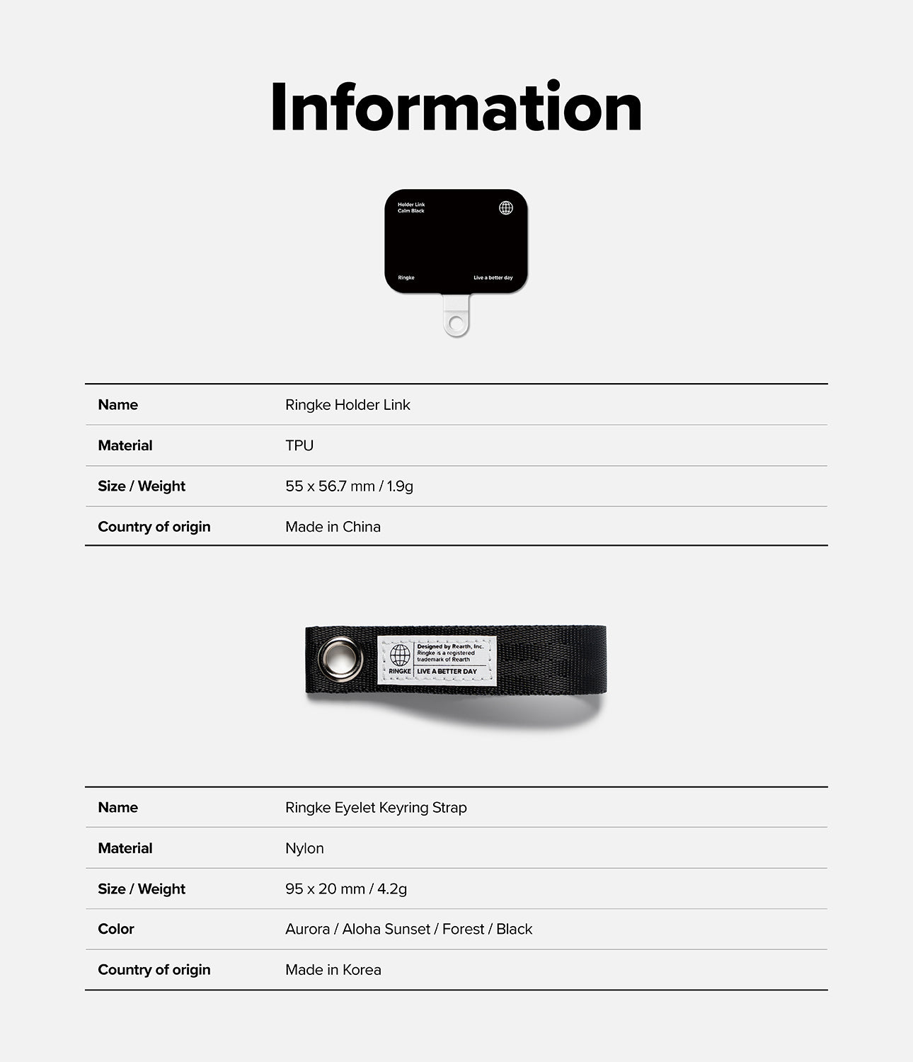 Holder Link Eyelet Keyring - Product specification chart for Ringke Holder Link and Eyelet Keyring Strap with dimensions.