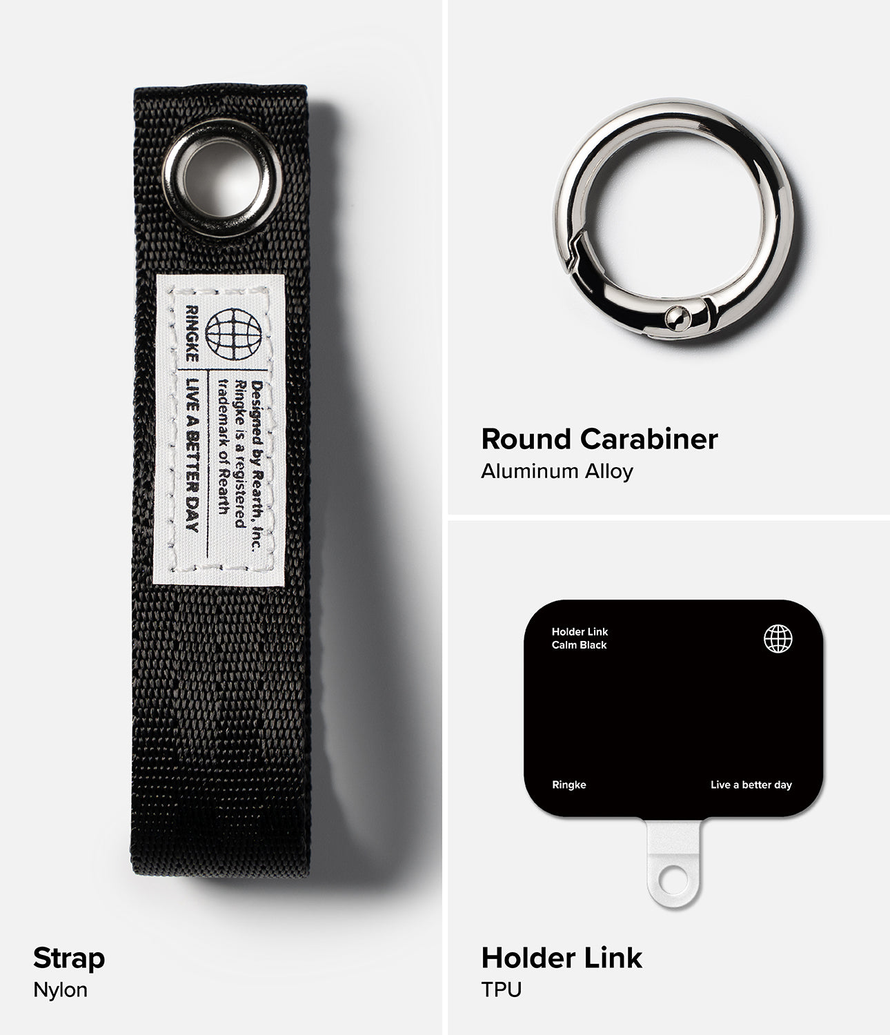 Holder Link Eyelet Keyring - Nylon strap, round aluminum carabiner, and black TPU holder link with branded labels.