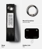 Holder Link Eyelet Keyring - Nylon strap, round aluminum carabiner, and black TPU holder link with branded labels.
