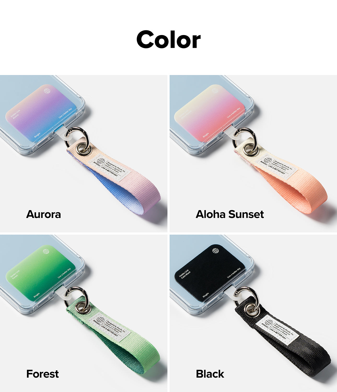 Holder Link Eyelet Keyring - Four phone cases with matching colored fabric wrist straps in Aurora, Sunset, Forest, and Black.