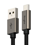 Ringke Fast Charging Basic Cable USB-A to USB-C - USB-A and USB-C connectors with metallic gray housings and black braided cord.
