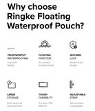 Navy Stripes / Black Floating Strap & Floating Waterproof Pouch | Promotional graphic for Ringke Floating Waterproof Pouch with features listed.