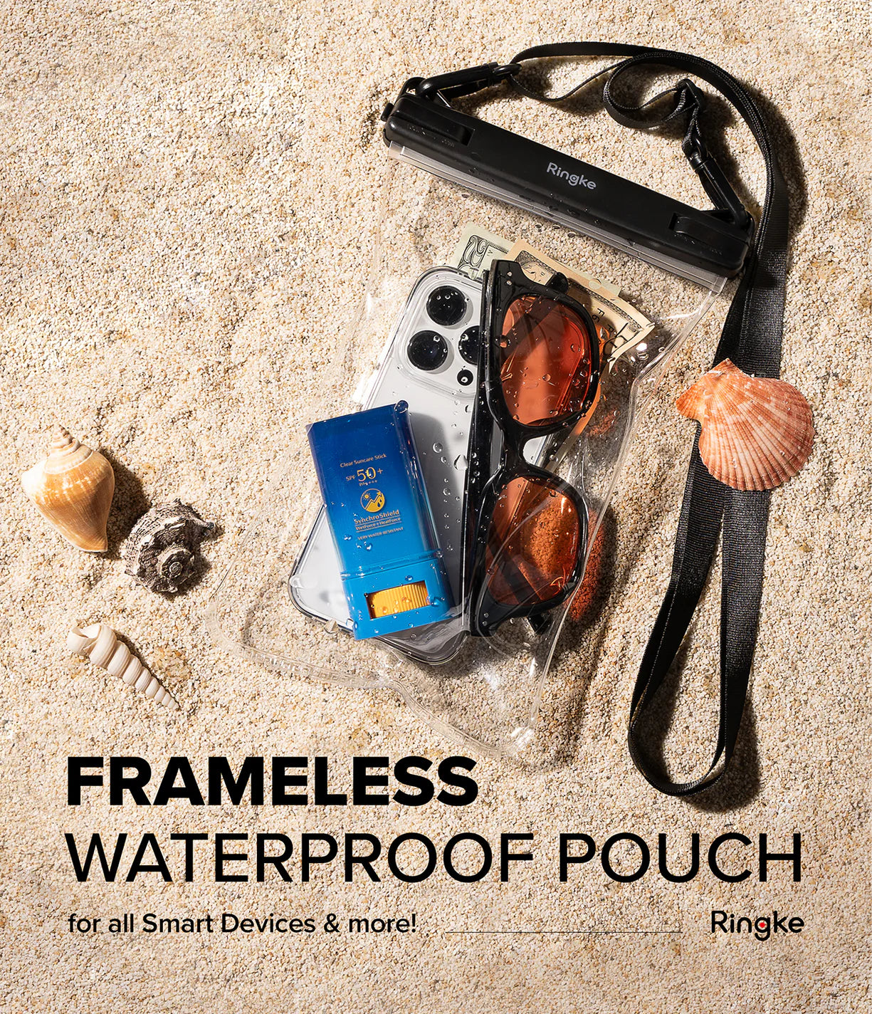 Palm Leaves / Banana Floating Strap & Frameless Waterproof Pouch | Frameless waterproof pouch with smartphone, sunglasses, and other items on sand, featuring Ringke branding.