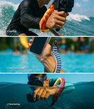 Palm Leaves / Banana Floating Strap & Frameless Waterproof Pouch | Three scenes of a person using a GoPro camera in water settings with text labels for surfing, swimming pool, and snorkeling.