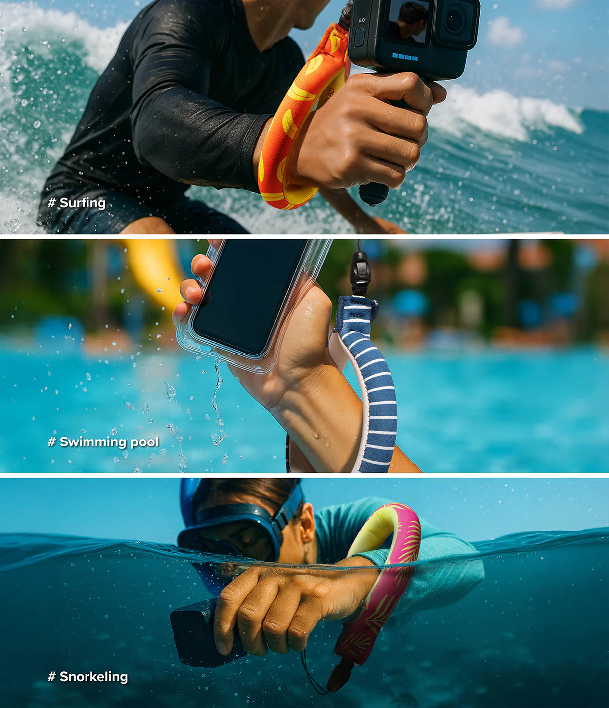 Palm Leaves / Black Floating Strap & Frameless Waterproof Pouch | Three scenes of a person using a GoPro camera in water settings with text labels for surfing, swimming pool, and snorkeling.
