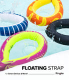 Palm Leaves / Banana Floating Strap & Frameless Waterproof Pouch | Four colorful inflatable rings floating in water with 'Ringke' branding.