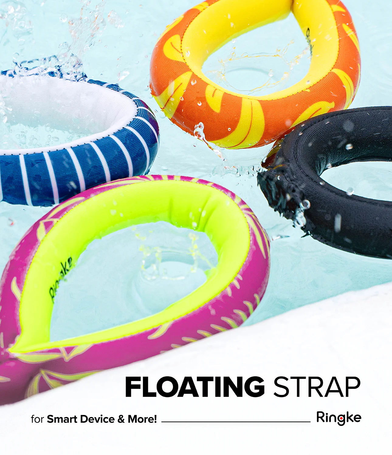 Banana / Black Floating Strap & Frameless Waterproof Pouch | Four colorful inflatable rings floating in water with 'Ringke' branding.