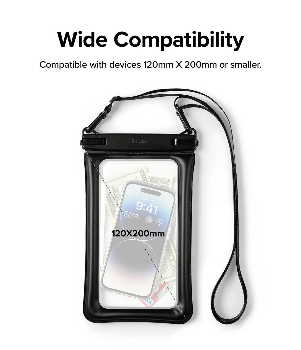 Banana / Black Floating Strap & Floating Waterproof Pouch | Black phone case with a clear front, showing a smartphone inside, on a white background with text about compatibility.