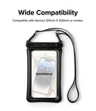 Banana / Navy Stripes Floating Strap & Floating Waterproof Pouch | Black phone case with a clear front, showing a smartphone inside, on a white background with text about compatibility.
