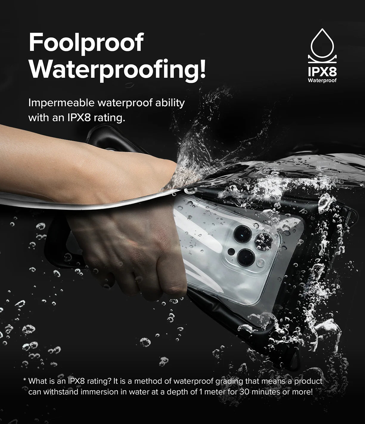 Banana / Navy Stripes Floating Strap & Floating Waterproof Pouch | Phone with waterproofing feature being submerged in water, with text highlighting IPX8 rating.