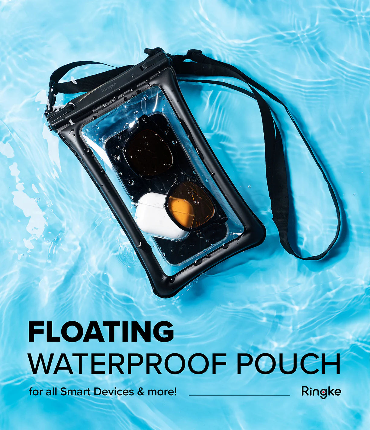 Palm Leaves / Banana Floating Strap & Floating Waterproof Pouch | Floating waterproof pouch for smart devices on a blue water background