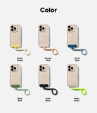 Ringke Holder Link Flow Finger Ring color lineup featuring Butter Yellow, Orange Pink, Urban Blue, Mute Mint, Calm Black, and Neon Green, attached to clear smartphone cases.