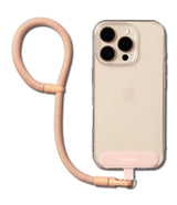 Holder Link Flow Hand Strap P-Type - Pink woven wrist strap attached to a clear phone case with a Ringke tab.