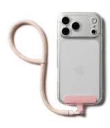 Holder Link Flow Hand Strap P-Type - Clear phone case with a light pink braided wrist strap attached to a base plate.