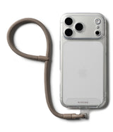 Holder Link Flow Hand Strap P-Type - Clear phone case with a beige braided wrist strap attached to the bottom.