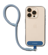 Holder Link Flow Hand Strap P-Type - A light blue braided wrist strap attached to a clear phone case with a blue tab.