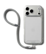 Holder Link Flow Hand Strap P-Type - Clear phone case with a silver braided wrist strap attached to the bottom.