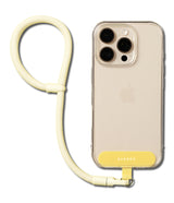 Holder Link Flow Hand Strap P-Type - A pale yellow braided wrist strap attached to a clear smartphone case with a yellow tab.