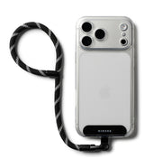 Holder Link Flow Hand Strap P-Type - Clear phone case with a black and white patterned wrist strap attached to the base.