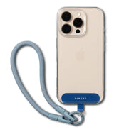 Holder Link Flow Hand Strap U-Type - Smartphone in clear case with blue U-shaped anchor and braided blue wrist strap.