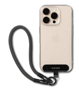 Holder Link Flow Hand Strap U-Type - Smartphone in a clear case attached to a black braided U-shaped wrist strap.