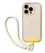Holder Link Flow Hand Strap U-Type - Clear phone case with a yellow Ringke tab and a matching yellow braided wrist strap.