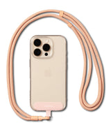 Holder Link Flow Shoulder Strap Y-Type - A peach-colored Y-style rope strap attached to a clear phone case with a Ringke tab.