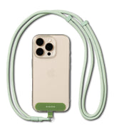 Holder Link Flow Shoulder Strap Y-Type - Mint green Y-shaped phone lanyard attached to a clear case on a smartphone.
