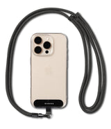 Holder Link Flow Shoulder Strap Y-Type - A beige smartphone in a clear case attached to a black Y-shaped shoulder strap.