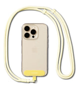 Holder Link Flow Shoulder Strap Y-Type - A clear phone case with a yellow bottom tab attached to a pale yellow Y-shaped lanyard.