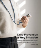 Holder Link Flow Shoulder Strap Y-Type - Person wearing a blue Y-type phone strap connected to a smartphone.
