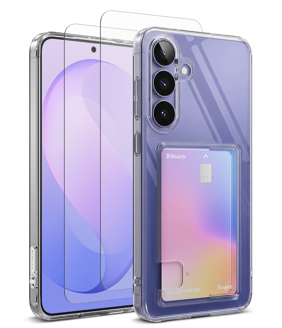 Bundle 15% Galaxy S26 FE Case + Screen / Camera Protectors | Fusion Card - A clear protective phone case with a built-in card slot holding a card, shown alongside a matching clear screen protector and the phone inside the case on a white background.