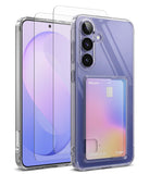 Bundle 15% Galaxy S26 FE Case + Screen / Camera Protectors | Fusion Card - A clear protective phone case with a built-in card slot holding a card, shown alongside a matching clear screen protector and the phone inside the case on a white background.