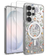 [Bundle] Galaxy S26 Ultra | Fusion Design Magnetic - Galaxy S26 Ultra | Fusion Design Magnetic - Clear phone case with floral pattern and MagSafe ring, plus screen protector.